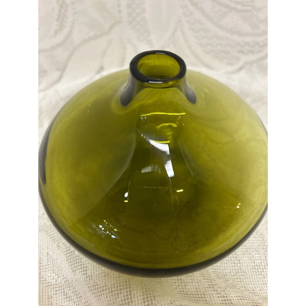 Empoli Italian Squat Bud Vase MCM Olive Green Hand Blown Glass Vintage